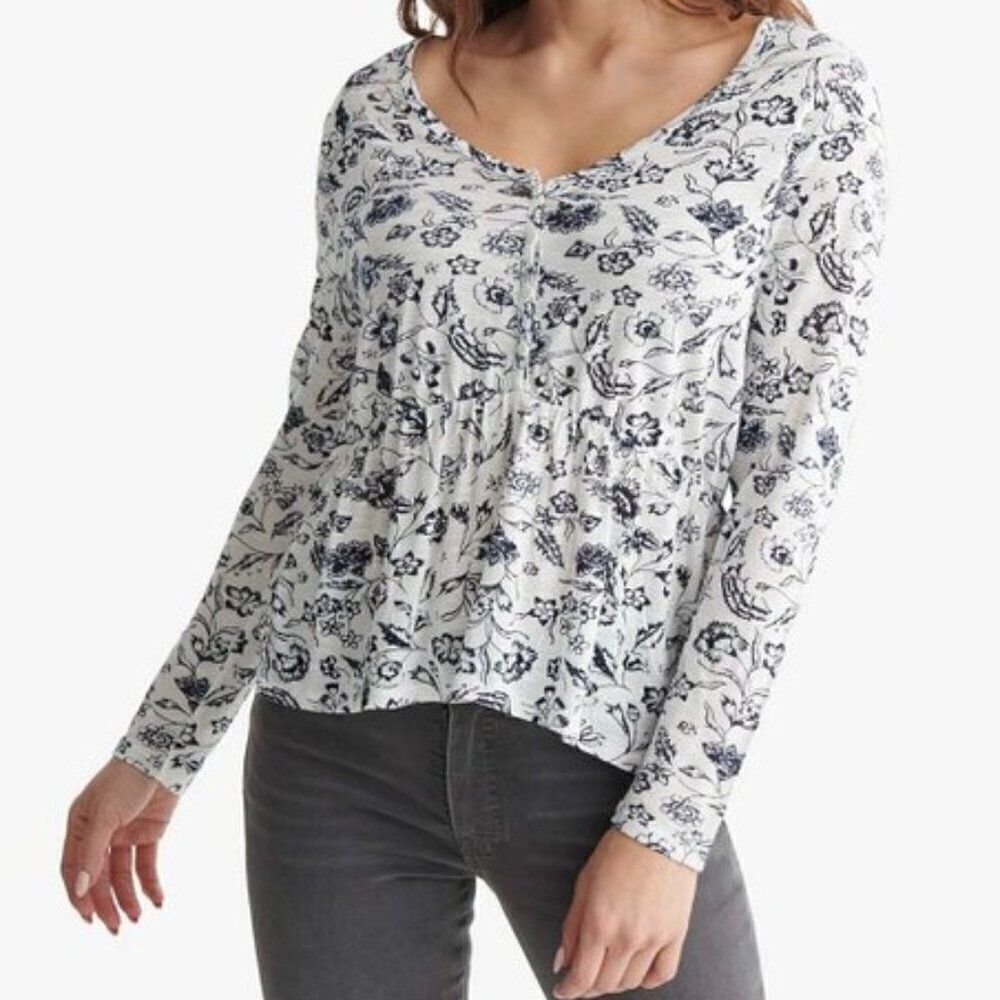 Lucky Brand Relaxed-Fit Peplum Black/White Floral V-neck top, size XXL